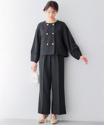 7days Life Styling | 【レディーススーツ】ドビー素材ダブルブレストショートジャケットパンツスーツ（ノーカラージャケット＋セミワイドパンツ）<大きいサイズ有>(スーツセット)
