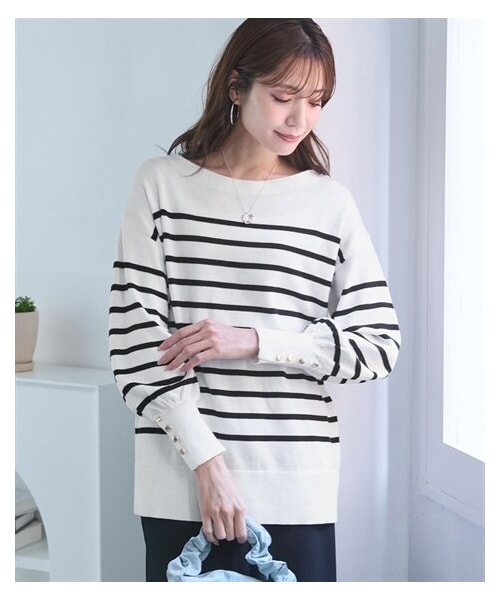 nissen（ニッセン）の「＜大きいサイズ＞ゆるシルエット綿混ボーダーニットプルオーバー（ニット/セーター・レディース・ネイビー×オフホワイト/オフホワイト×黒・L~LL/3L~4L/5L~6L/8L/10L）」の10枚目の写真