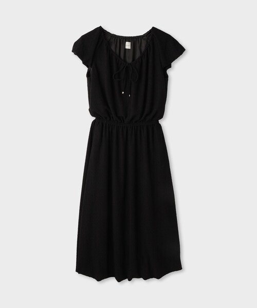 ROPE'(ロペ)の「【一部店舗限定】【REALM(レルム)】SHEER PUFF SLEEVE DRESS|フロントリボンワンピース(ワンピース・レディース・ブラック/ネイビー・38)」の2枚目の写真