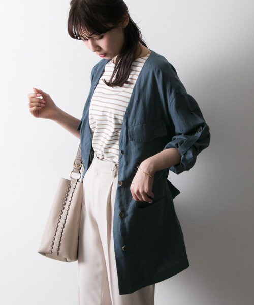 URBAN RESEARCH（アーバンリサーチ）の「LI/RYノーカラーサファリジャケット∴（ミリタリージャケット・レディース・BEIGE/NAVY・FREE）」の15枚目の写真