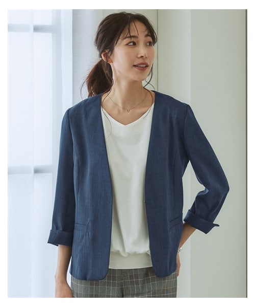 nissen（ニッセン）の「洗える麻調合繊７分袖ストレッチノーカラージャケット（接触冷感・防しわ・ストレッチ・UVカット）<大きいサイズ有>（ジャケット/アウター・レディース・ライトグレー系/ベージュ系/ネイビー系/ネイビーブルー系・S/M/L/LL/4L/5L/6L/3L）」の21枚目の写真