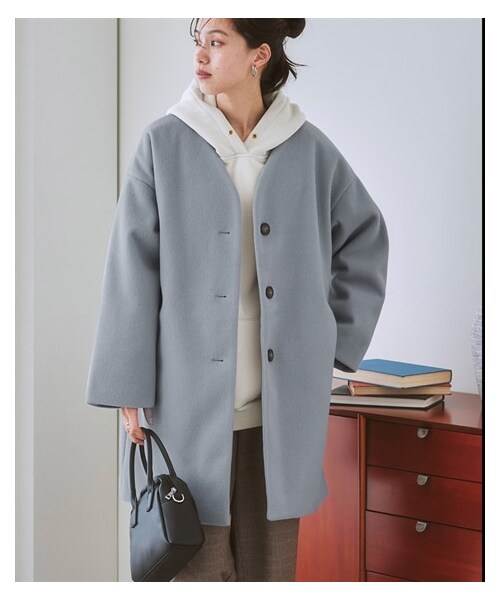 nissen（ニッセン）の「フェイクウールノーカラーコート（ノーカラーコート・レディース・黒/アイボリー/モカブラウン/サックス/ミント/ダスティピンク/グレージュ・S/M/L/LL/【旧】3L/【旧】4L/【旧】5L/【旧】6L/【旧】8L/【旧】10L/3L/4L/5L/6L/8L/10L）」の6枚目の写真