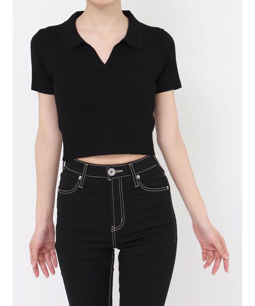 GYDA（ジェイダ）の「BACK OPENハーフスリーブPOLOニットトップス（ニット/セーター・レディース・オフホワイト/ブラック/ミックス・F）」の4枚目の写真