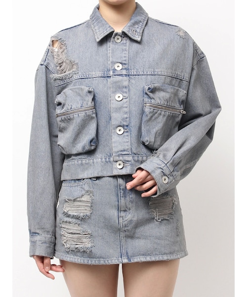 GYDA（ジェイダ）の「ZIP POCKETダメージショートデニムGジャン（デニムジャケット・レディース・ブラック/ピンク/アイスブルー・F）」の4枚目の写真