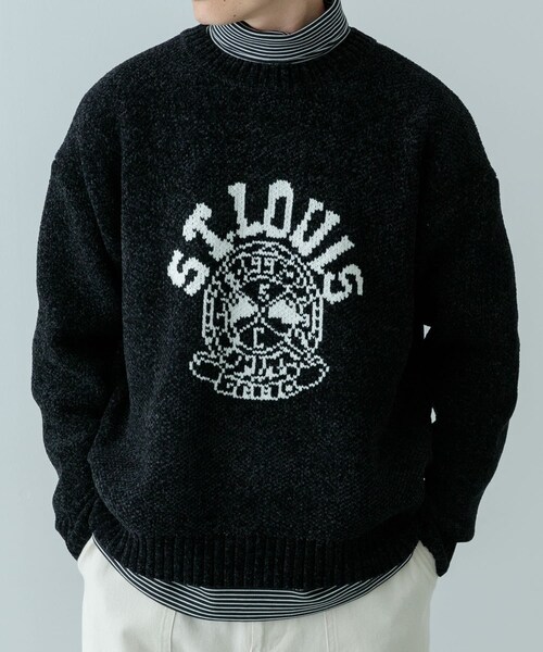 ITEMS URBANRESEARCH(アイテムズ アーバンリサーチ)の「カレッジロゴ モール クルーネック ニット(ニット/セーター・メンズ・NVY/BLK/BEG/MTD・M/L)」の1枚目の写真