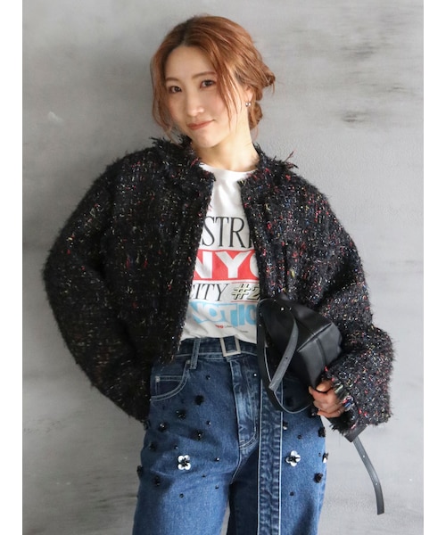 Ungrid（アングリッド）の「ショートツイードジャケット（ノーカラージャケット・レディース・ブラック/ブルー/ベージュ・F）」の2枚目の写真