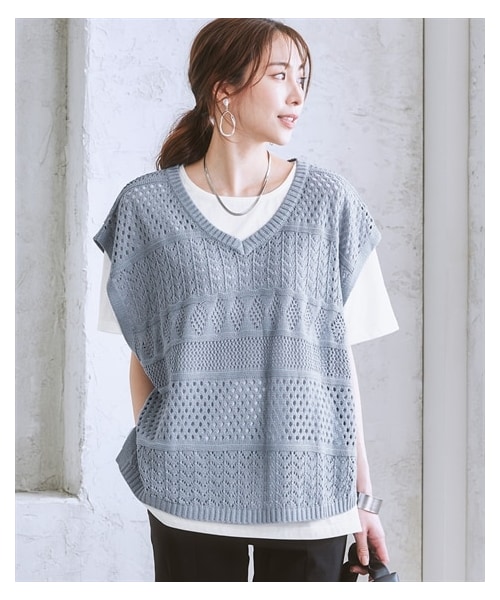 nissen（ニッセン）の「2点セット（透かし編みベスト＋Tシャツ）＜大きいサイズ有＞（ニット/セーター・レディース・黒/アイボリー/サックス/グリーン・S/M/L/LL/3L/4L/5L/6L）」の14枚目の写真
