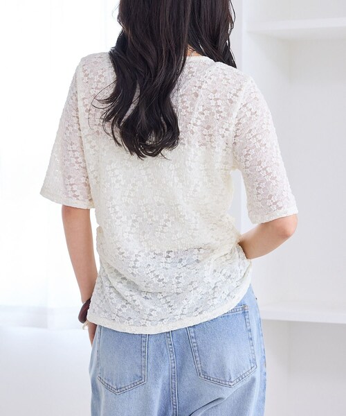 VIS(ビス)の「レース半袖フロントギャザートップス(Tシャツ/カットソー・レディース・ブラック/キナリ・F)」の6枚目の写真