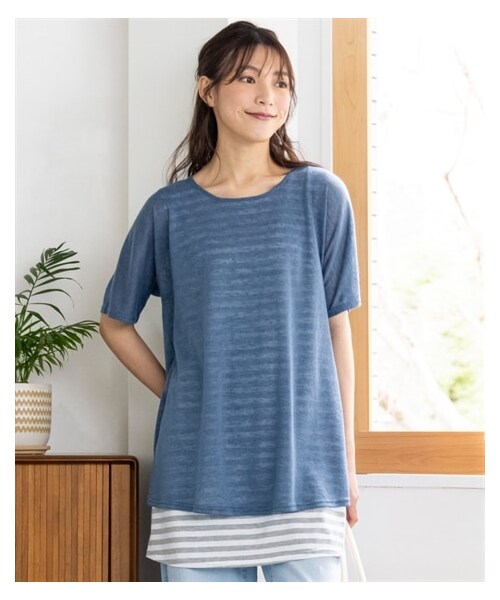 nissen（ニッセン）の「大きいサイズ　涼やかカットソースラブバックリボン重ね着風チュニック（チュニック・レディース・コーラル×ネイビー系ギンガム/ロイヤルグリーン×杢グレー系ボーダー/アシッドブルー×杢グレー系ボーダー/黒×ネイビー系ギンガム/ベージュ×ネイビー系ギンガム・L/LL/3L/4L/5L/6L/8L/10L）」の4枚目の写真