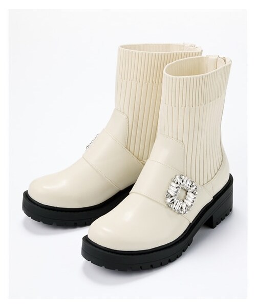 nissen（ニッセン）の「【ゆったり幅広】ビジュー付ニットブーツ（低反発中敷）（ワイズ４Ｅ）（ブーツ・メンズ・黒/アイボリー・M=23.0~23.5cm/4E/L=24.0~24.5cm/4E/LL=25.0~25.5cm/4E/3L=26.0~26.5cm/4E）」の2枚目の写真