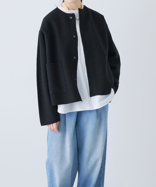 かぐれ（カグレ）の「圧縮ウールショートジャケット（ノーカラージャケット・レディース・GREGE/BLACK・Free）」の4枚目の写真