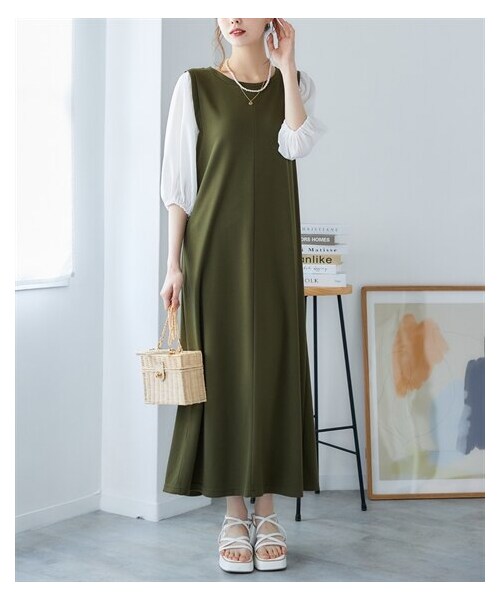 nissen（ニッセン）の「ふんわり袖異素材ドッキングワンピース（ワンピース・レディース・黒×ストライプ/ベージュ×白シアーチェック/カーキ×白シアーチェック・L/LL/3L/4L/5L/6L/8L/10L）」の18枚目の写真