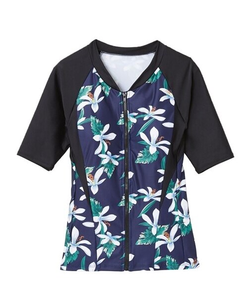 nissen（ニッセン）の「上下別売りフィットネス補整水着トップス　半袖（MU013・MU014）（水着・メンズ・ブラック×パープル/ネイビープリント/ブラック×ピンク/モダンフラワー/ピンク/グリーン/ピンク系・S/M/L/LL/3L/4L/5L/6L/8L/10L）」の5枚目の写真