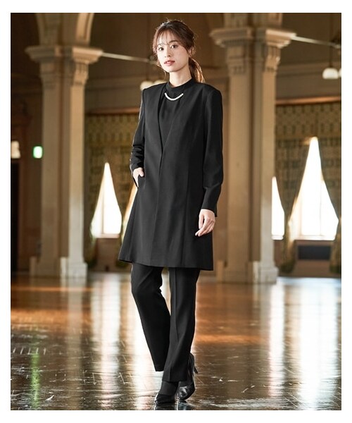 【喪服・礼服】洗える防しわフォーマル3点セット（ロング丈ノーカラージャケット＋パール調デザインブラウス＋ストレートパンツ）＜大きいサイズ有＞