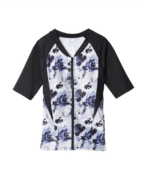 nissen（ニッセン）の「上下別売りフィットネス補整水着トップス　半袖（MU013・MU014）（水着・メンズ・ブラック×パープル/ネイビープリント/ブラック×ピンク/モダンフラワー/ピンク/グリーン/ピンク系・S/M/L/LL/3L/4L/5L/6L/8L/10L）」の3枚目の写真