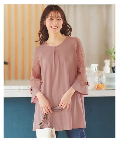nissen（ニッセン）の「大きいサイズ　7分袖レース使いカットソーチュニック（チュニック・レディース・ピンク/ネイビー・L/LL/3L/4L/5L/6L/8L/10L）」の14枚目の写真