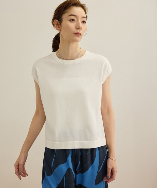 ROPE'(ロペ)の「【洗える】オーガニックコットンハイゲージフレンチスリーブニット(ニット/セーター・レディース・ホワイト/ネイビー/ターコイズ・F)」の4枚目の写真