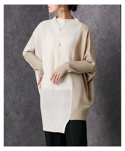 nissen（ニッセン）の「配色デザインプチハイネックロング丈ニット [Soiunique]（ニット/セーター・レディース・キャメル×ネイビー/ブラック×オフベージュ/杢グレー×アイボリー/グレージュ×ネイビー/ソフトグリーン×アイボリー/杢チャコール×黒/アイボリー×グレージュ・Y(M-LL)/S~LL）」の7枚目の写真