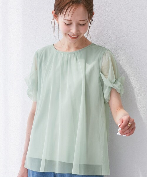 ROPE' PICNIC(ロペピクニック)の「Cutee チュールドッキングツイストスリーブトップス/リンクコーデ(Tシャツ/カットソー・レディース・ブラック/ホワイト/ライトグリーン/ブルー系・38)」の14枚目の写真