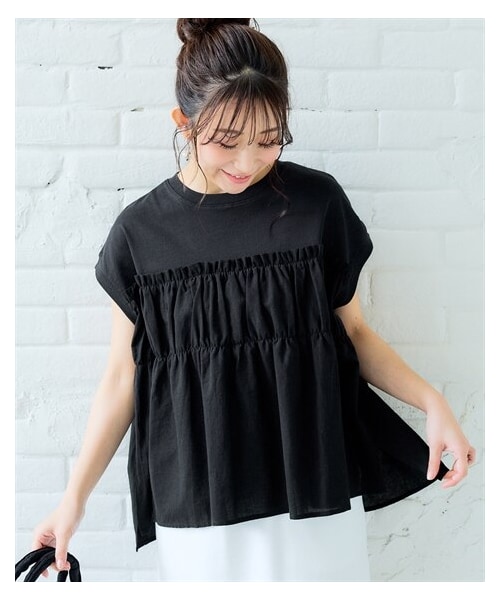 nissen（ニッセン）の「綿100％異素材使いティアードプルオーバー＜大きいサイズ有＞（Tシャツ/カットソー・レディース・ロイヤルブルー/黒・S~M/L~LL/3L~4L）」の3枚目の写真