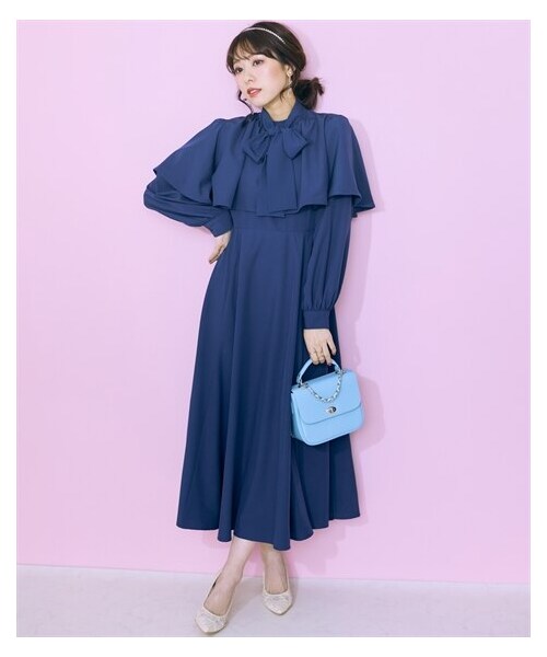 極美品✨ルネ リボンスリーブワンピース フォーマル 大きいサイズ L ネイビー nissen（ニッセン）の「大きいサイズ リボンタイ付きケープ風