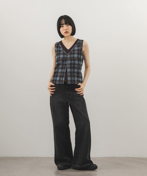 KBF（ケイビーエフ）の「シアーチェックベストSETトップス（タンクトップ・レディース・BRN×BRN/KHAKI×OAT/NAVY×NAVY・One）」の8枚目の写真