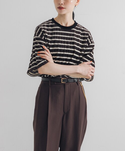 URBAN RESEARCH（アーバンリサーチ）の「ベロアボーダーカットソー（Tシャツ/カットソー・レディース・BEIGE/DARK BROWN・FREE）」の7枚目の写真