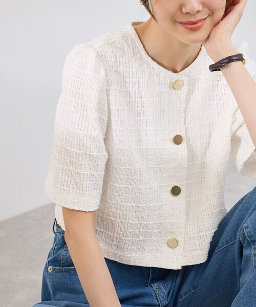 ROPE' PICNIC（ロペピクニック）の「【サマー・ツイード】金ボタンカーディジャケット（ノーカラージャケット・レディース・チャコール/ライトグレー/ホワイト/ネイビー・38）」の5枚目の写真