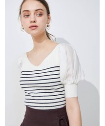 MERCURYDUO | パフスリーブボーダーニットトップス(ニット/セーター)