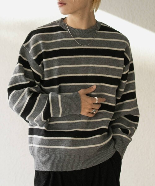 SENSE OF PLACE by URBAN RESEARCH(センスオブプレイスバイアーバンリサーチ)の「ウールブレンドボーダークルーネックニット(ニット/セーター・メンズ・BLACK/L.GRAY/GREEN・M/L)」の8枚目の写真