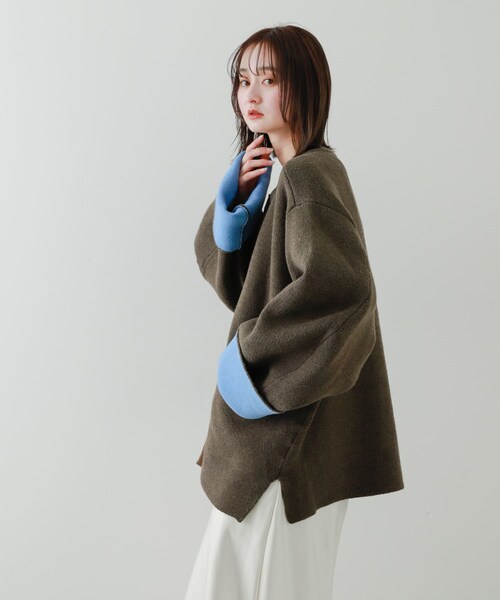 SENSE OF PLACE by URBAN RESEARCH(センスオブプレイスバイアーバンリサーチ)の「バイカラーニットコート(テーラードジャケット・レディース・GRE×YEL/RED×GRE/PPL×C.GRY/MOC×BLU・one)」の9枚目の写真