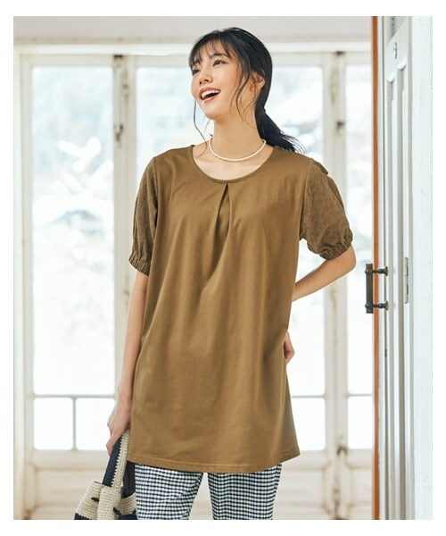 nissen（ニッセン）の「大きいサイズ　５分袖コットンレース切替カットソーチュニック（チュニック・レディース・ライムグリーン系/ネイビー系/オフホワイト系/ブラウン系・L/LL/3L/4L/5L/6L/8L/10L）」の12枚目の写真