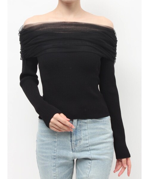RESEXXY（リゼクシー）の「バックリボンオフショルニットトップス（ニット/セーター・レディース・ホワイト/ブラック/ピンク/ブルー・F）」の3枚目の写真