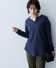 nissen | ワッフル素材キーネックトップス（UVカット）＜大きいサイズ有＞(Tシャツ/カットソー)