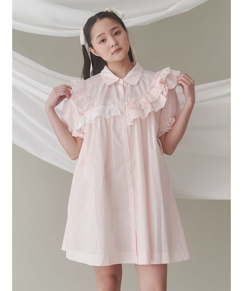 merry jenny（メリージェニー）の「stripe frillfrill ワンピース（シャツワンピース・レディース・オフホワイト/ピンク/ブルー・F）」の2枚目の写真