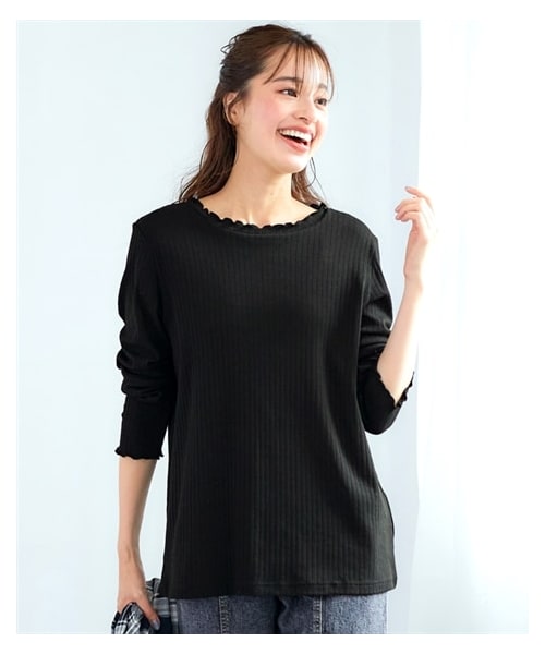 nissen（ニッセン）の「大きいサイズ　重ね着に便利！ＵＶカットメローフリル使いリブトップス（Tシャツ/カットソー・レディース・オフホワイト/セージグリーン/黒/ベイクドピンク/杢グレー/ベイクドオレンジ/モカ/ラベンダー/ソフトピンク・L/LL/3L/4L/5L/6L/8L/10L）」の17枚目の写真