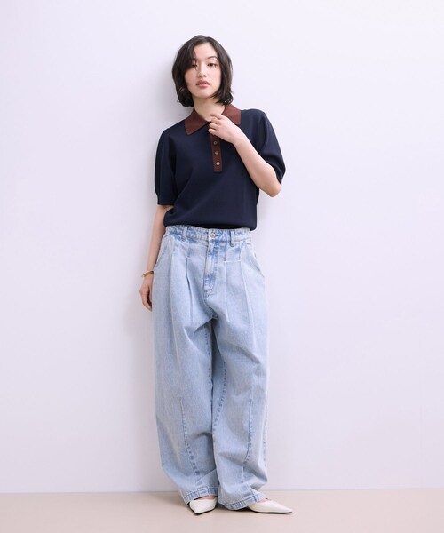 ADAM ET ROPE'(アダムエロペ)の「【WEB限定】ハーフスリーブバイカラーポロニット(ポロシャツ・レディース・ブラック/ネイビー/サックス・F)」の6枚目の写真