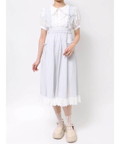 merry jenny（メリージェニー）の「ストライプリボンフレアジャンスカ（ジャンパースカート・レディース・オフホワイト/ピンク/グリーン/アイスブルー・F）」の2枚目の写真