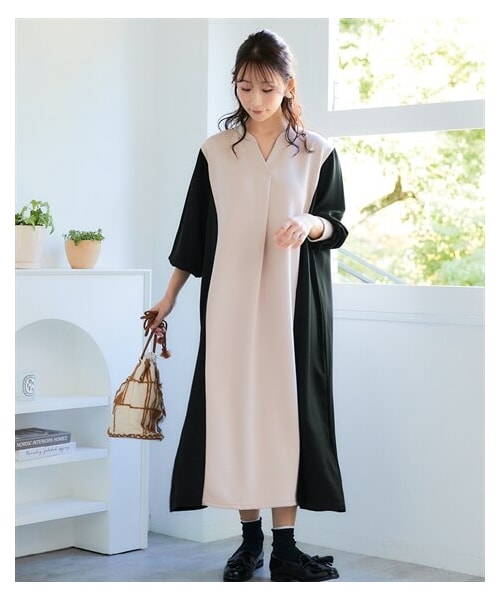 nissen（ニッセン）の「＜大きいサイズ＞なめらかポンチスキッパー異素材切替ワンピース（ワンピース・レディース・グレージュ/ディープグリーン/黒・L/LL/3L/4L/5L/6L/8L/10L）」の18枚目の写真