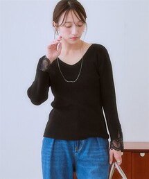 nissen | 【ふんわりモチモチ素材】袖口レースVネックリブニット＜大きいサイズ有＞(ニット/セーター)