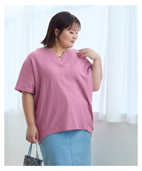 nissen（ニッセン）の「＜大きいサイズ＞綿１００％やわらかドライタッチパイル５分袖キーネックコクーンゆるプルオーバー（吸汗速乾）（Tシャツ/カットソー・レディース・黒/グレーベージュ/ダークブルー/アイリスパープル/ペールオレンジ・L/LL/3L/4L/5L/6L/8L/10L）」の9枚目の写真