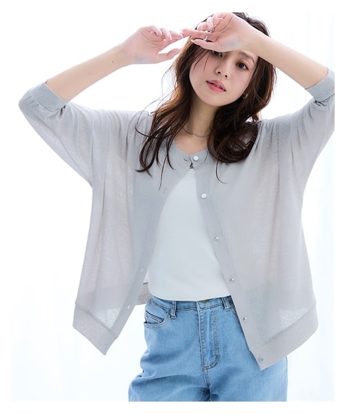 nissen（ニッセン）の「ひんやり涼しいシアースラブクルーネック7分袖ゆるカーディガン（UVカット・接触冷感）＜大きいサイズ有＞（カーディガン/ボレロ・レディース・オフホワイト/グレーベージュ/ピンク/黒/ロイヤルブルー・S/M/L/LL/3L/4L/5L/6L/8L/10L）」の3枚目の写真