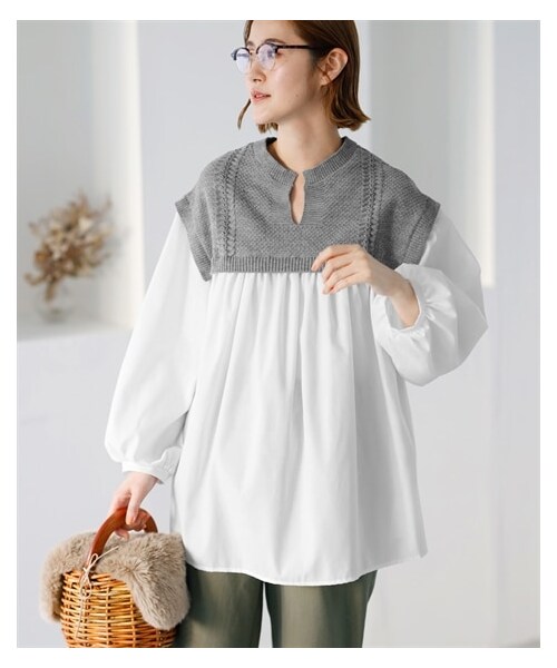nissen（ニッセン）の「ニット切替異素材使いチュニックブラウス【Otona Purete】（シャツ/ブラウス・レディース・杢グレー×オフホワイト/グリーン×ライトグレージュ・M/L/LL/3L）」の11枚目の写真