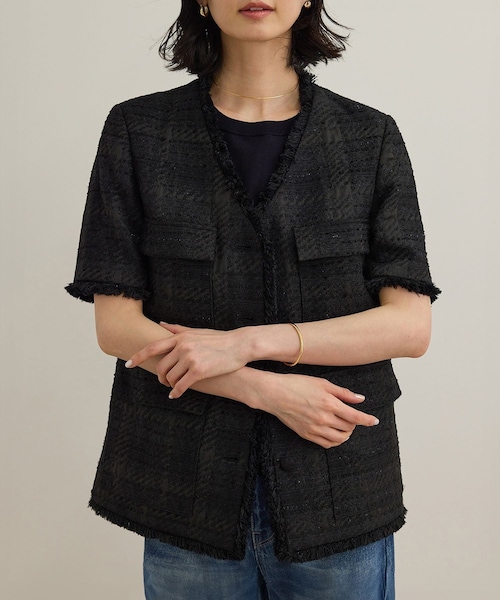 ROPE'（ロペ）の「サマーツイードハーフスリーブジャケット（ノーカラージャケット・レディース・ブラック/オフホワイト・F）」の7枚目の写真