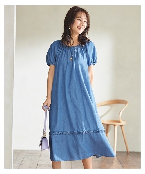 nissen（ニッセン）の「大きいサイズ　パフスリーブデニムワンピース（OtonaSMILE）（ワンピース・レディース・ネイビー/ユーズドブルー・L/LL/3L/4L/5L/6L）」の8枚目の写真
