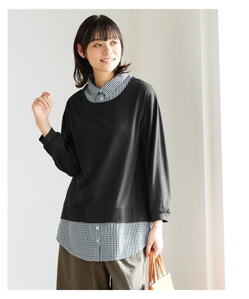 nissen（ニッセン）の「大きいサイズ　綿混衿付重ね着風カットソーチュニック（チュニック・レディース・ローズピンク×グレー系ストライプ/ネイビー×ブルー系ストライプ/黒×黒系ギンガム/グリーン×ベージュ系ギンガム/杢グレー×ピンク系ストライプ/スモーキーブルー×黒系ストライプ/ラズベリー×ベージュ系ギンガム/カーキ×ネイビー系ストライプ・L/LL/3L/4L/5L/6L/8L/10L）」の8枚目の写真