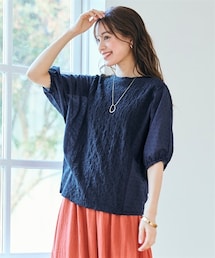 nissen | ＜大きいサイズ＞袖カットドビーレース異素材切り替えトップス(Tシャツ/カットソー)