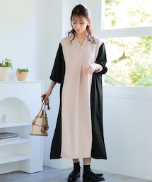 nissen | <大きいサイズ>なめらかポンチスキッパー異素材切替ワンピース(ワンピース)