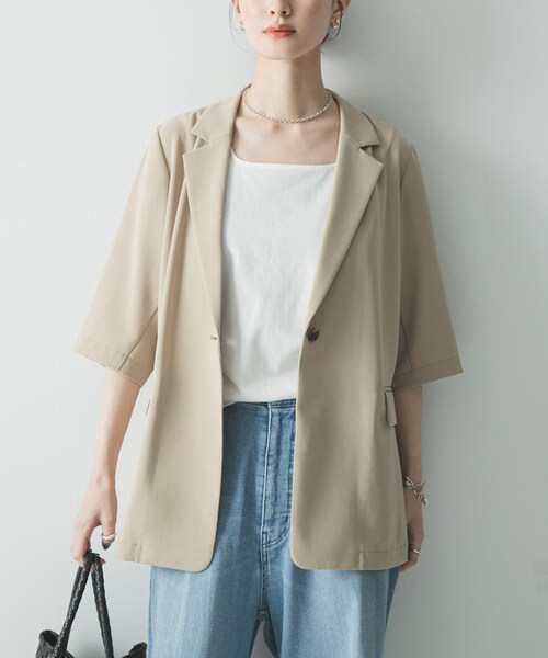 URBAN RESEARCH（アーバンリサーチ）の「『UR TECH DRYLUXE』ハーフスリーブジャケット（テーラードジャケット・レディース・BEIGE/BLACK・Free）」の14枚目の写真