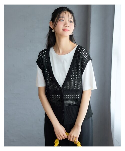 nissen（ニッセン）の「＜大きいサイズ＞２点セット（前あきべスト＋綿100％半袖Ｔシャツ）（Tシャツ/カットソー・レディース・アイボリー×ボーダー/黒×ホワイト/グリーン×ホワイト・L~LL/3L~4L/5L~6L/8L/10L）」の5枚目の写真